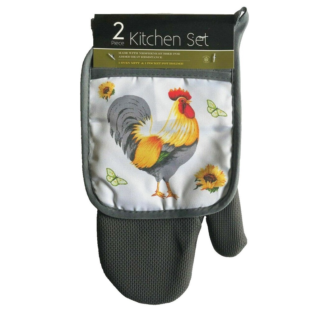 French Country Rooster Potholder Oven Mitt Neoprene Quilted Country Set of 2